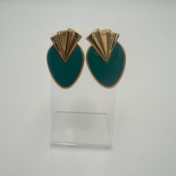 Blue and Gold Tone Vintage Fan Earring - Picture 1 of 7